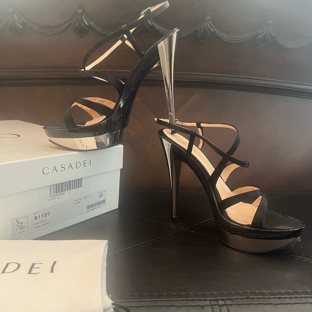 Casadei Pellame Raso Nero Stiletto Strappy Sandals. Size 37/7 - Picture 2 of 14